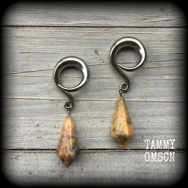 Lace agate ear hangers 6 gauge ear weights Gemstone ear weights Body jewelry Gauged earrings 6g 2g 0g 00g 1/2” 9/16” 5/8” 3/4" 7/8" 1" 1.10" 1.18" Stretched ears Stretched lobes Gauged ears Tribal ear weights Gemstone ear hangers Agate ear weights