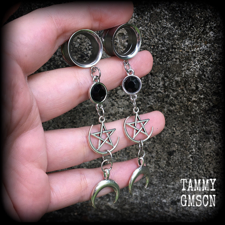 Crescent moon and pentagram tunnel dangles