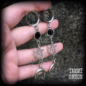 Crescent moon and pentagram tunnel dangles