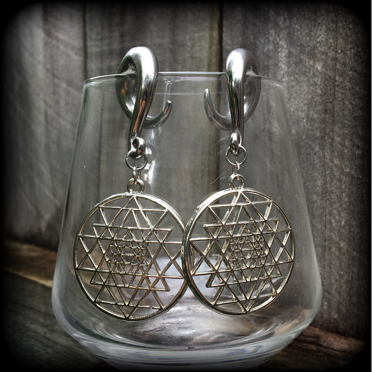 Sri Yantra gauged earrrings-Geometric ear weights