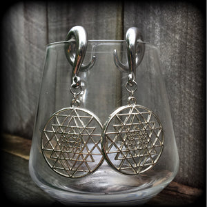 Sri Yantra gauged earrrings-Geometric ear weights