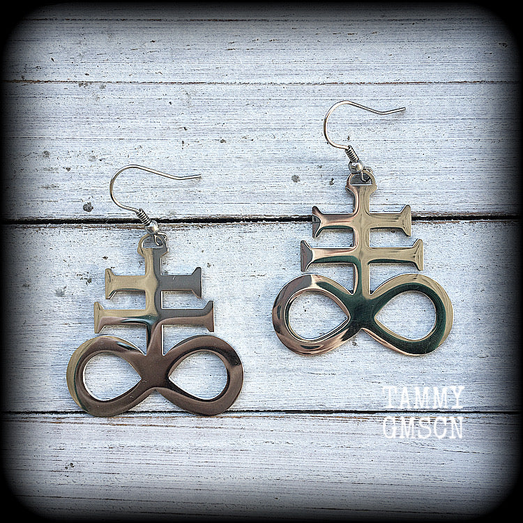 These gorgeous earrings feature large stainless steel Sigil of Sulphur pendants, measure just under 6 cms from tip to tip, and weigh approx 6 grams each.

This pair have been made with stainless steel french hooks, for pierced ears.