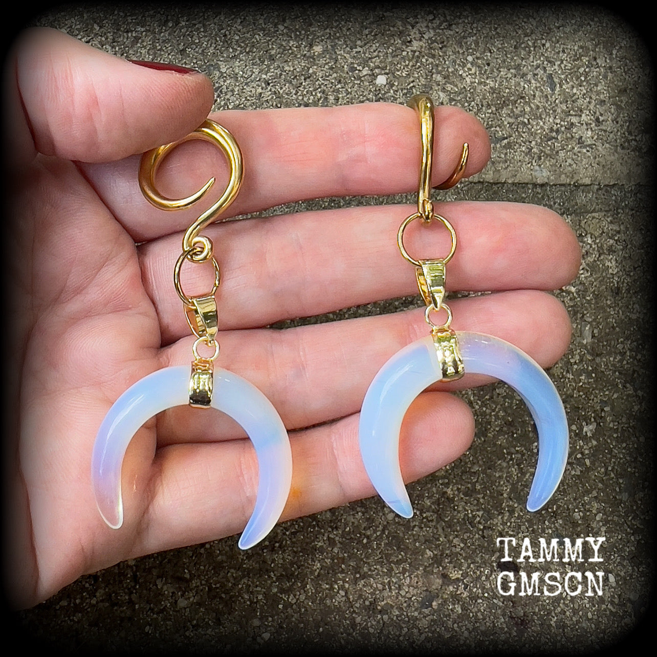 Opalite crescent moon gauged earrings