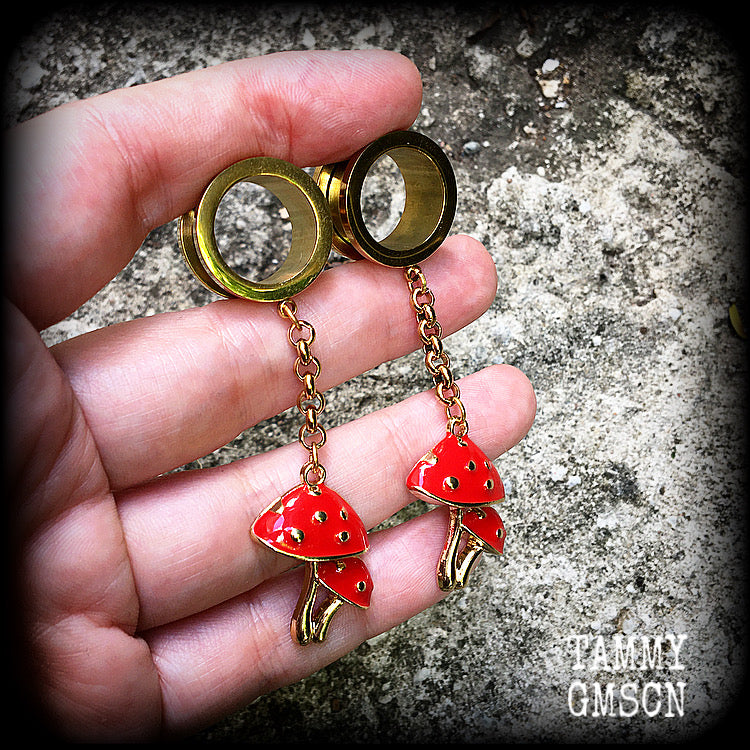 Red toadstool tunnels-Mushrooms tunnel earrings