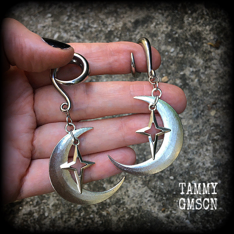 Crescent moon and star gauged earrings-MCM inspired