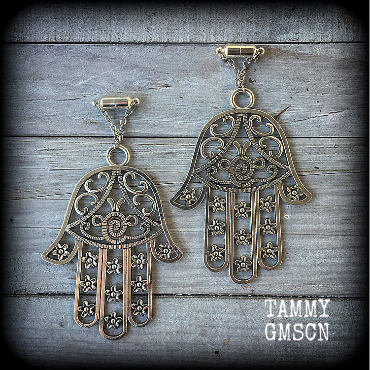 Hamsa hand tunnel earrings-Tunnel dangles