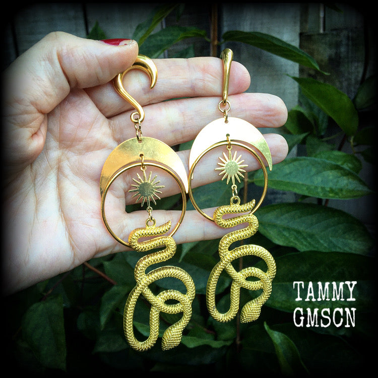 Snake and crescent moon gauged earrings