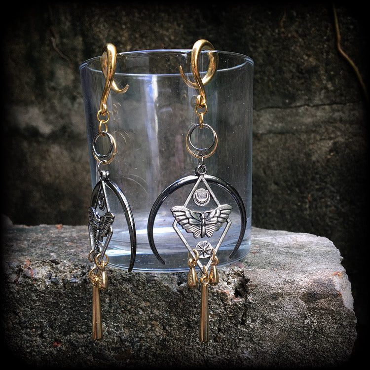 Moth and crescent moon gauged earrings