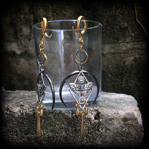 Moth and crescent moon gauged earrings