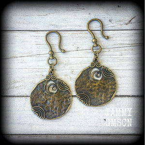 Antique bronze disc ear hangers-Ogoun earrings