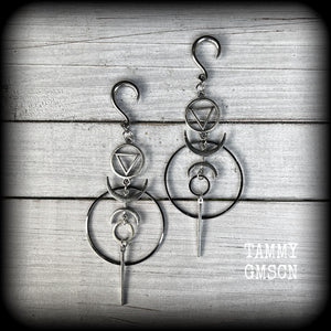 Geometric hoop and sigil gauged earrings-Inverted triangle occult earrings