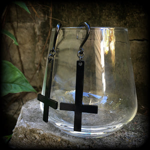 Black inverted cross gauged earrings