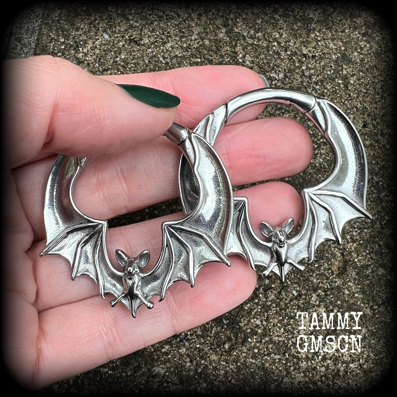 Featuring gorgeous spooky cute surgical steel bats, these earrings measure just under 5cms from tip to tip, and weigh approx 23 grams each.