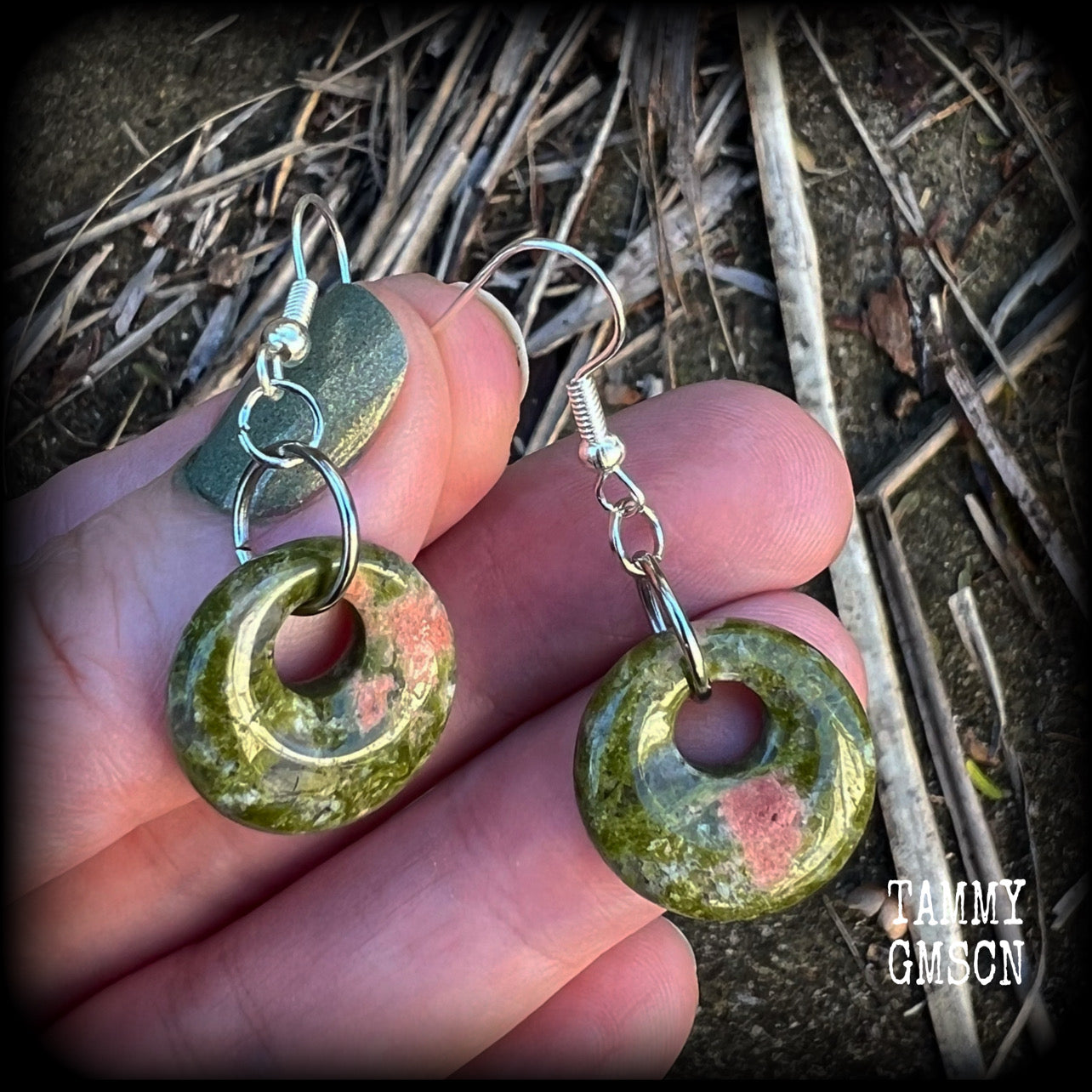 Unakite earrings Gemstone earrings Gemstone ear weights Unakite jewelry Hagstones Hag stone earrings Witches stones Adder stones Ear gauges Body jewelry Tunnels Plugs Stretched