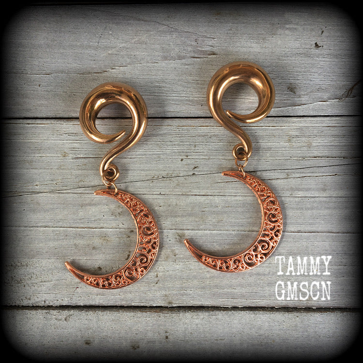 Pink moon earrings Moon ear gauges Moon ear hangers Moon ear weights Moon gauged earrings Fairycore Cottagecore Mossgoth Whimsigoth Whimsygoth Pastel goth Witchy jewelry Witchy vibes 4mm 6mm 8mm 10mm 12mm 14mm 16mm 19mm 22mm 25mm 28mm 30mm 