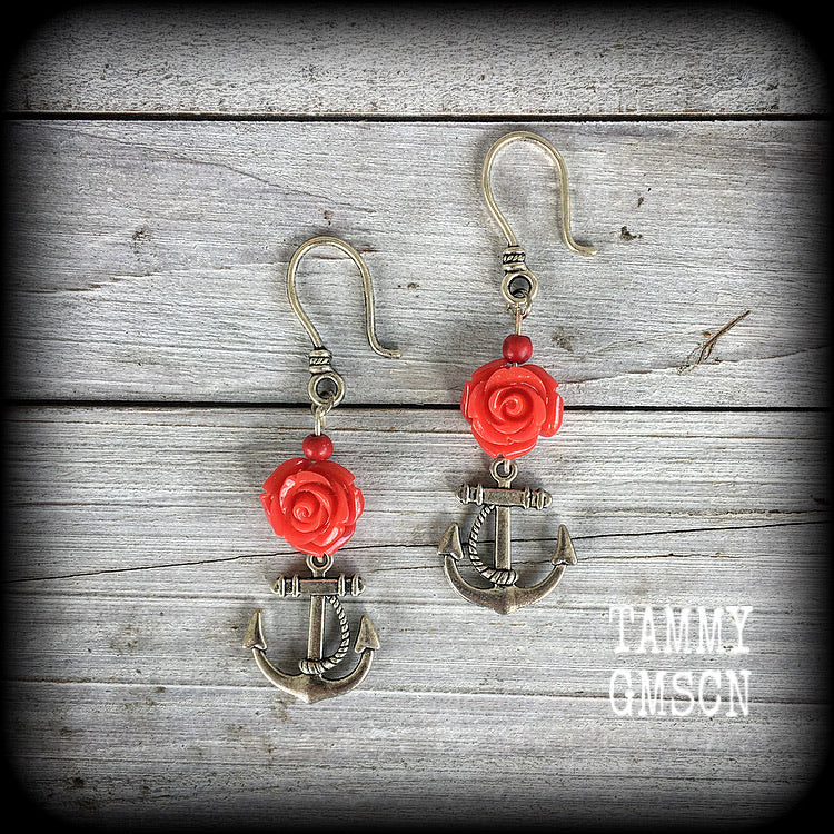 Red rose and silver anchor earrings