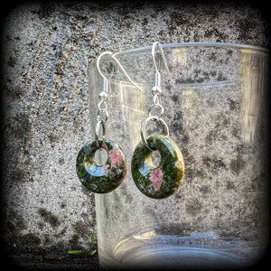 Unakite earrings Gemstone earrings Gemstone ear weights Unakite jewelry Hagstones Hag stone earrings Witches stones Adder stones Ear gauges Body jewelry Tunnels Plugs Stretched