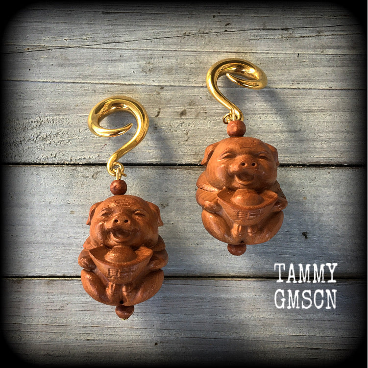 Carved wood pig earrings-Gauged earrings