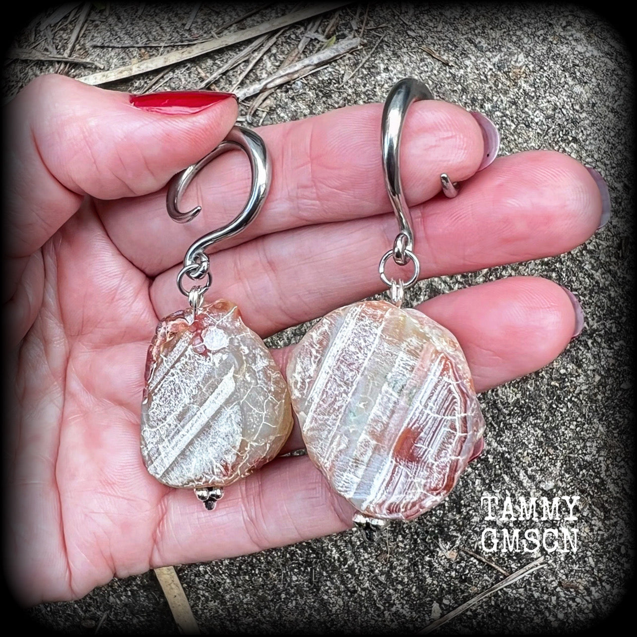 Raw agate slice gauged earrings