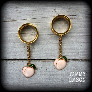 Peach tunnel earrings Peaches tunnel dangles 00 gauge tunnels Body jewelry Ear gauges Stretched ears 6mm 8mm 10mm 12mm 14mm 16mm 19mm 22mm 25mm  Stretched lobes Gauged ears Gauged earrings Retro tunnels Rockabilly jewelry Fruit tunnel earrings