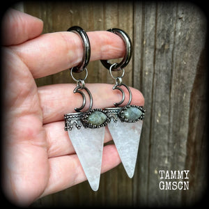 Clear quartz and Labradorite earrings-Ear weights-Ear hangers