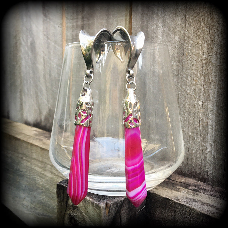 Pink agate gauged earrings