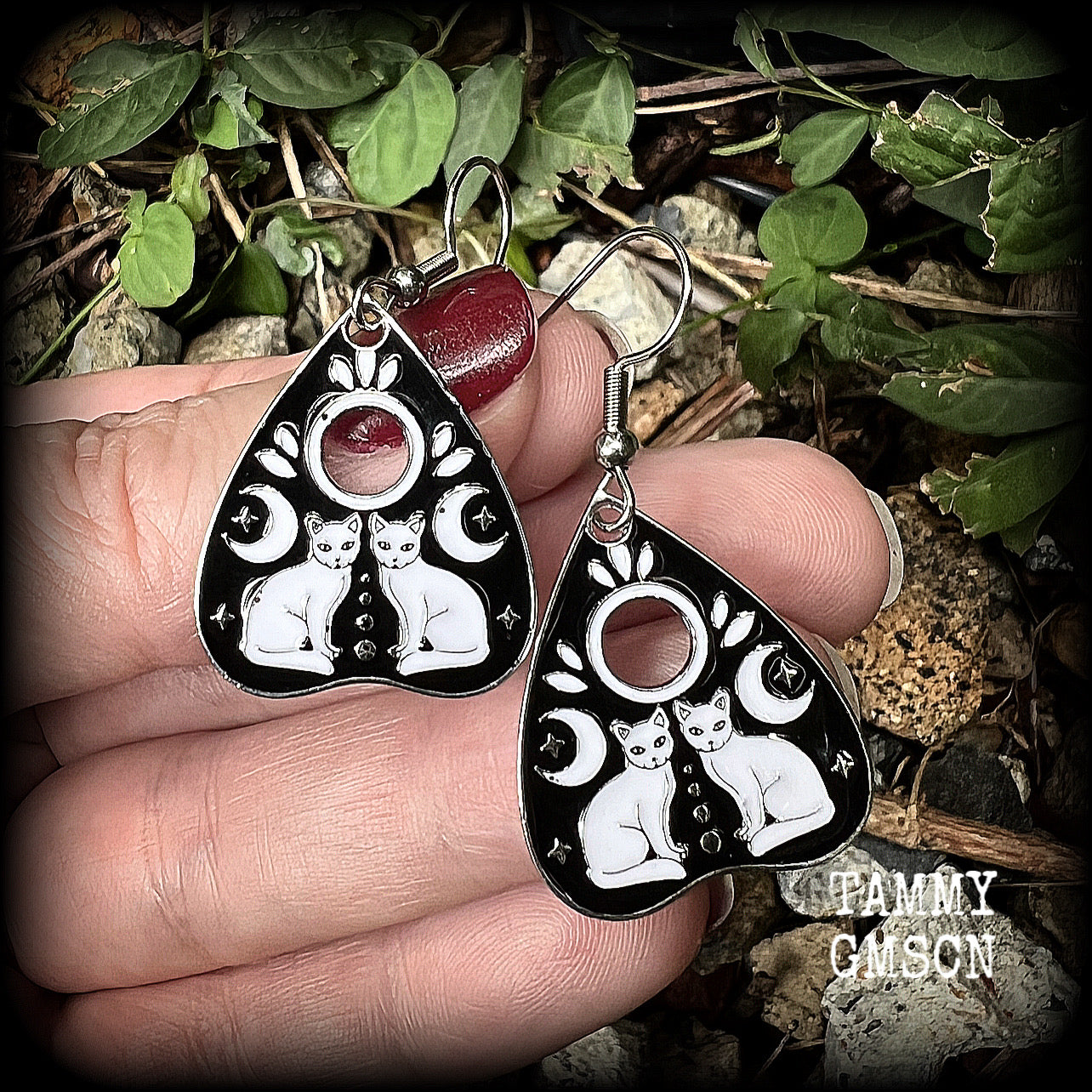 Occult cat planchette earrings-Silver