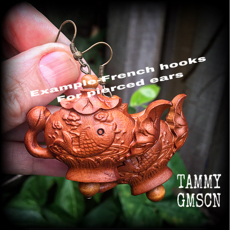 Teapot earrings-Carved wood earrings