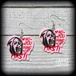 Horror punk earrings Telephone earrings Pink heart earrings Halloween earrings Retro earrings Bowie knife Pierced ears Ear gauges Horror punk jewelry Wednesday Fright night Horror movie Slasher movies Halloween jewelry Murder mystery Decomp