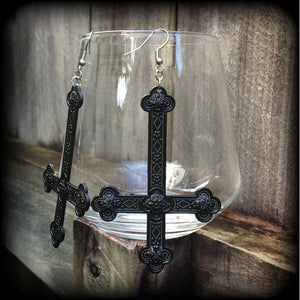 Ornate black inverted cross earrings