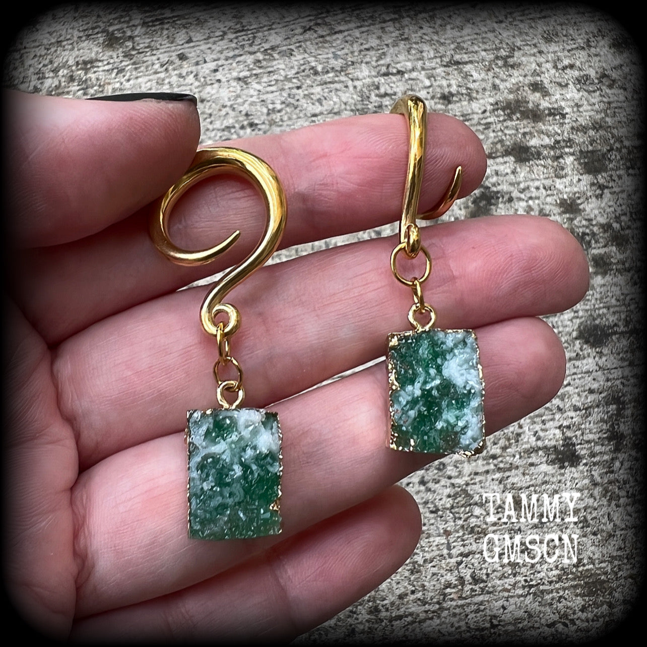 Deep green druzy gauged earrings