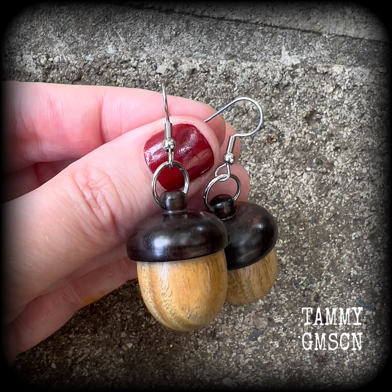 Sandalwood acorn stash pot earrings