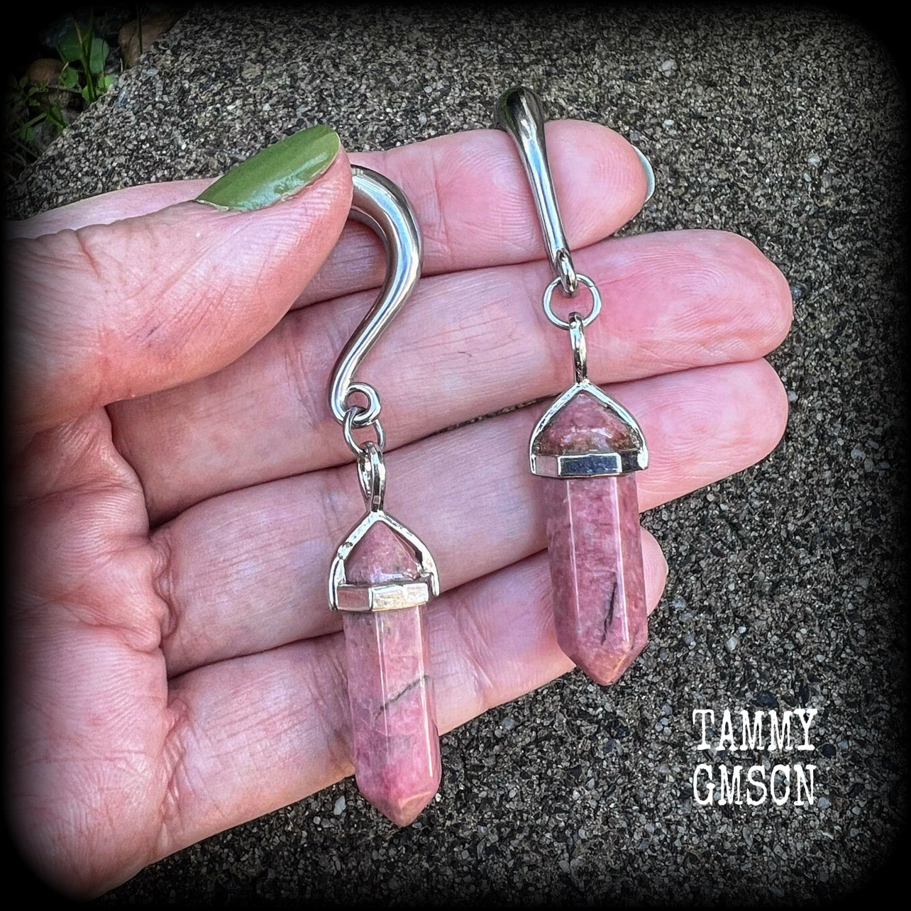 Gorgeous dusty pink rhodochrosite pillar gemstone gauged earrings for gauged ears, available on a range of hooks and clasps for pierced ears and stretched lobes up to 30mm