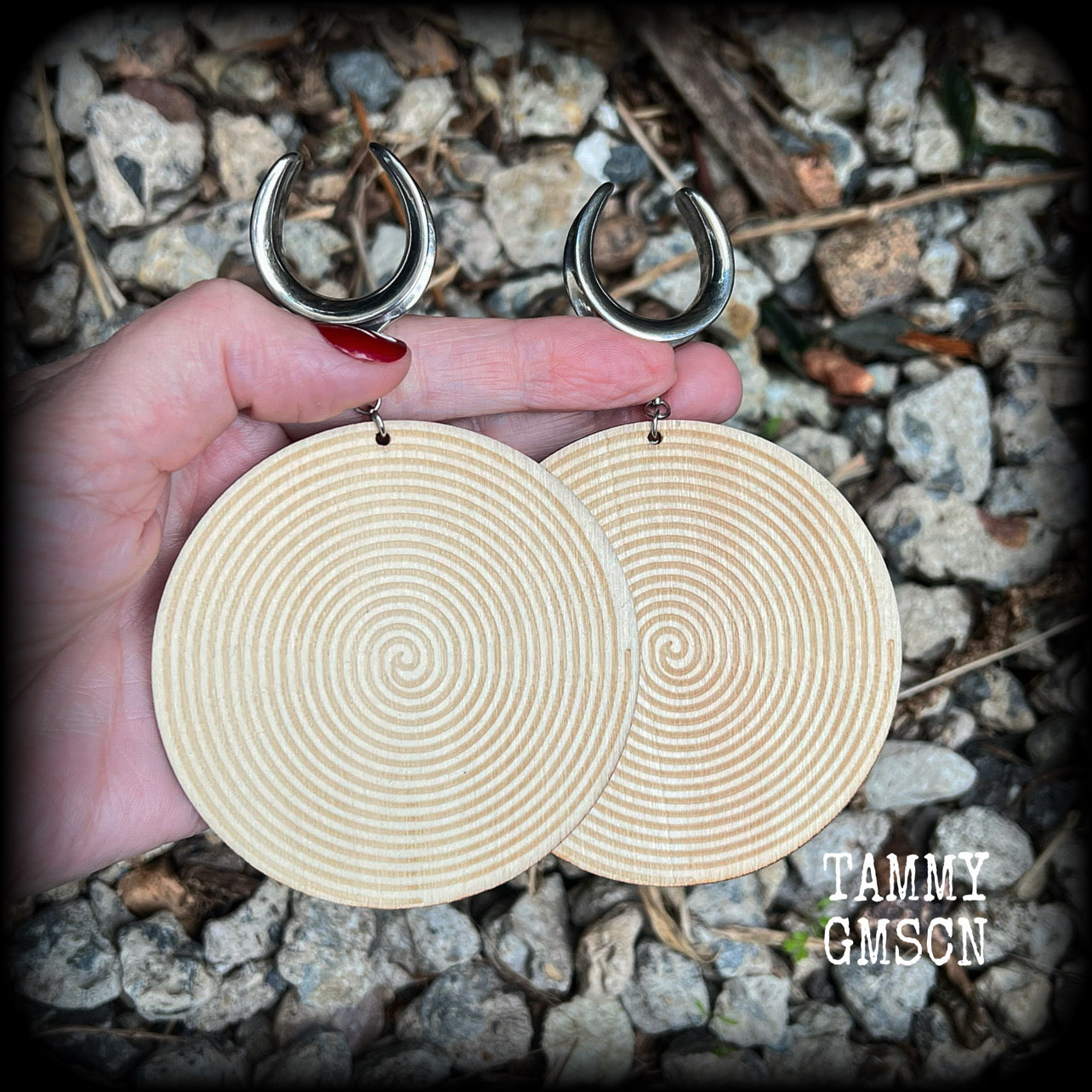 Tribal spiral wood disc earrings-Gauged earrings