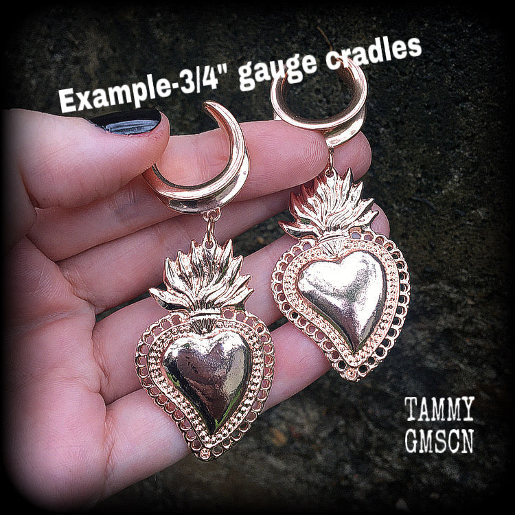 Sacred heart hoop gauged earrings