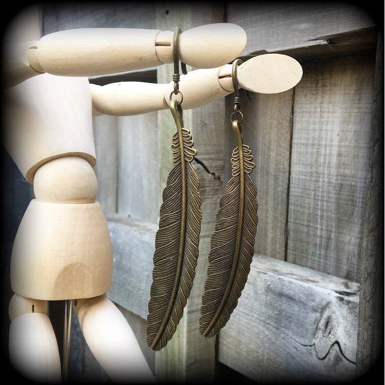 Bronze feather earrings-Harpy ear hangers