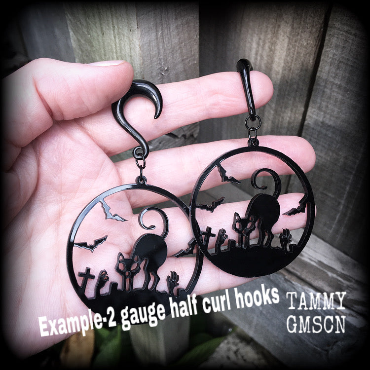 Zombie cat halloween earrings 2 gauge ear weights Cemetery gates Black cat ear weights Black bat ear gauges Horror punk Horror Movie Zombie movie 6g 2g 0g 00g 11/2 9/16 5/8 3/4 7/8 1" 1.10" 1.18" Zombie earrings 4mm 6mm 8mm 10mm 12mm 14mm 16mm 19mm