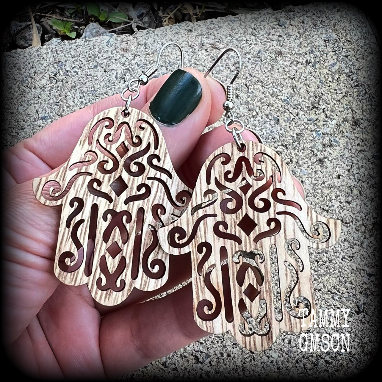 Hamsa hand earrings-Wood earrings