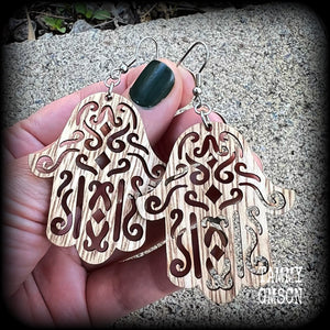 Hamsa hand earrings-Wood earrings