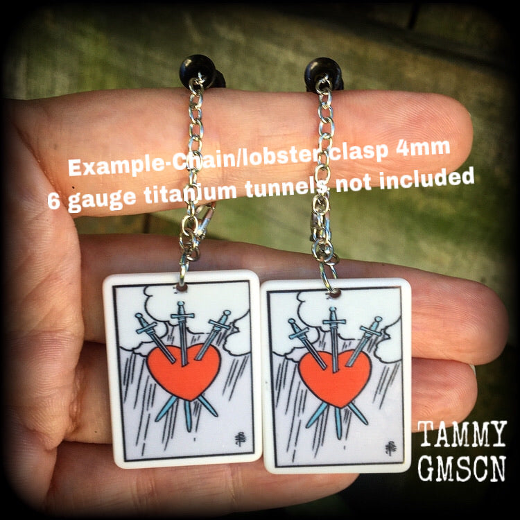 Three of swords tunnel earrings-Tarot card earrings