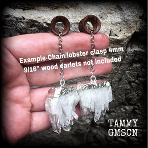 Clear raw quartz ear hangers-Gauged earrings