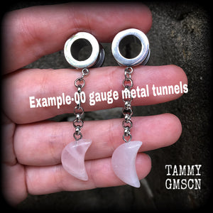 Rose quartz crescent moon tunnel dangles