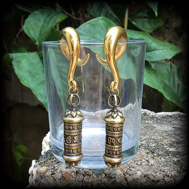 Stash pot earrings Pet ashes earrings Stash pot ear weights Tibetan prayer box jewelry Pet ashes urn jewelry Brass ear weights Sanskrit jewelry
