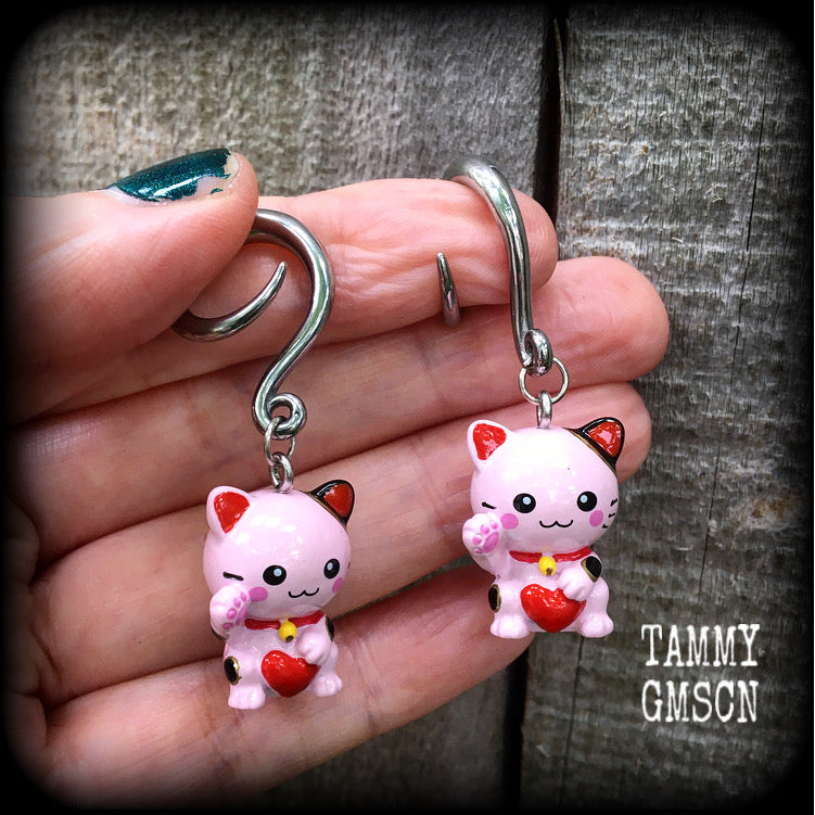 Pink Maneki Neko gauged earrings