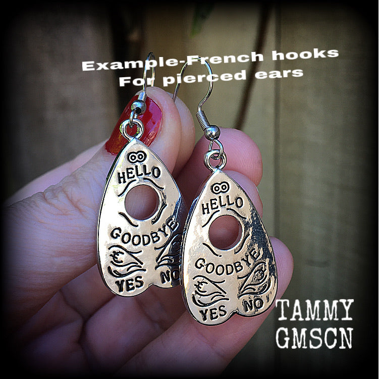 Ouija boards Ouija board Ouija board jewelry Ouija board planchette Planchette earrings Planchette ear hangers Stretched ears Pierced ears Ear gauges Ear hangers Witchy jewelry Coven jewelry 