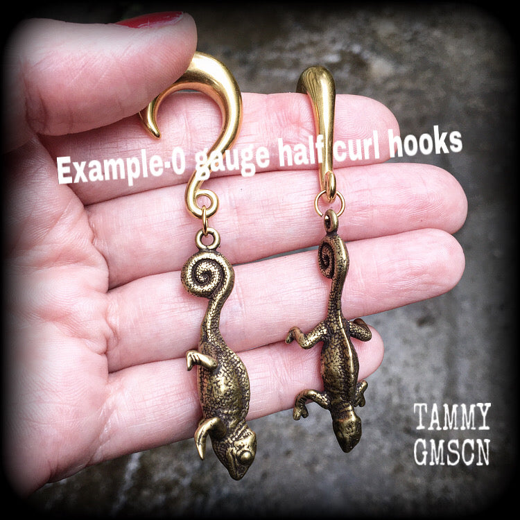 These earrings are brass chameleon lizards hanging by their tail, pictured here with our half curl hooks. Choose from 4 different style hooks for lobes stretched up to 30mm.