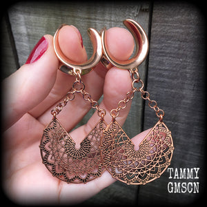 Rose gold tone mandala gauged earrings-Cradle weights