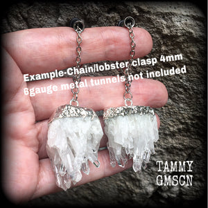 Clear raw quartz ear hangers-Gauged earrings