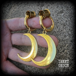 Antique gold crescent moon gauged hoop earrings