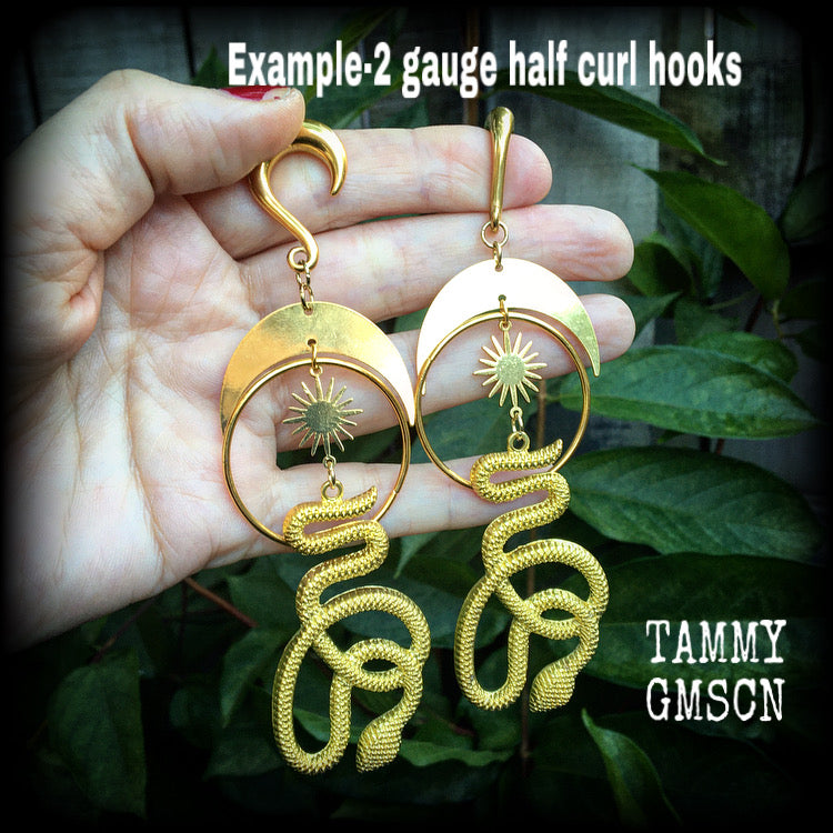 Snake and crescent moon gauged earrings